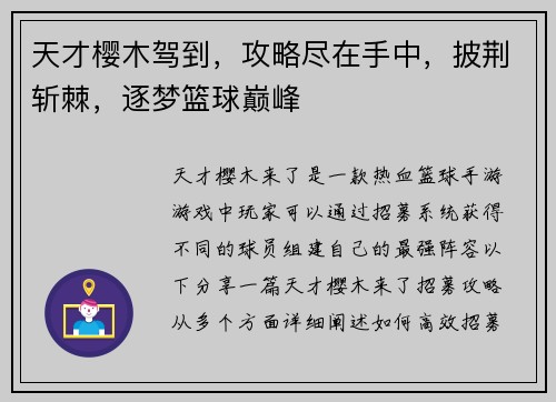 天才樱木驾到，攻略尽在手中，披荆斩棘，逐梦篮球巅峰